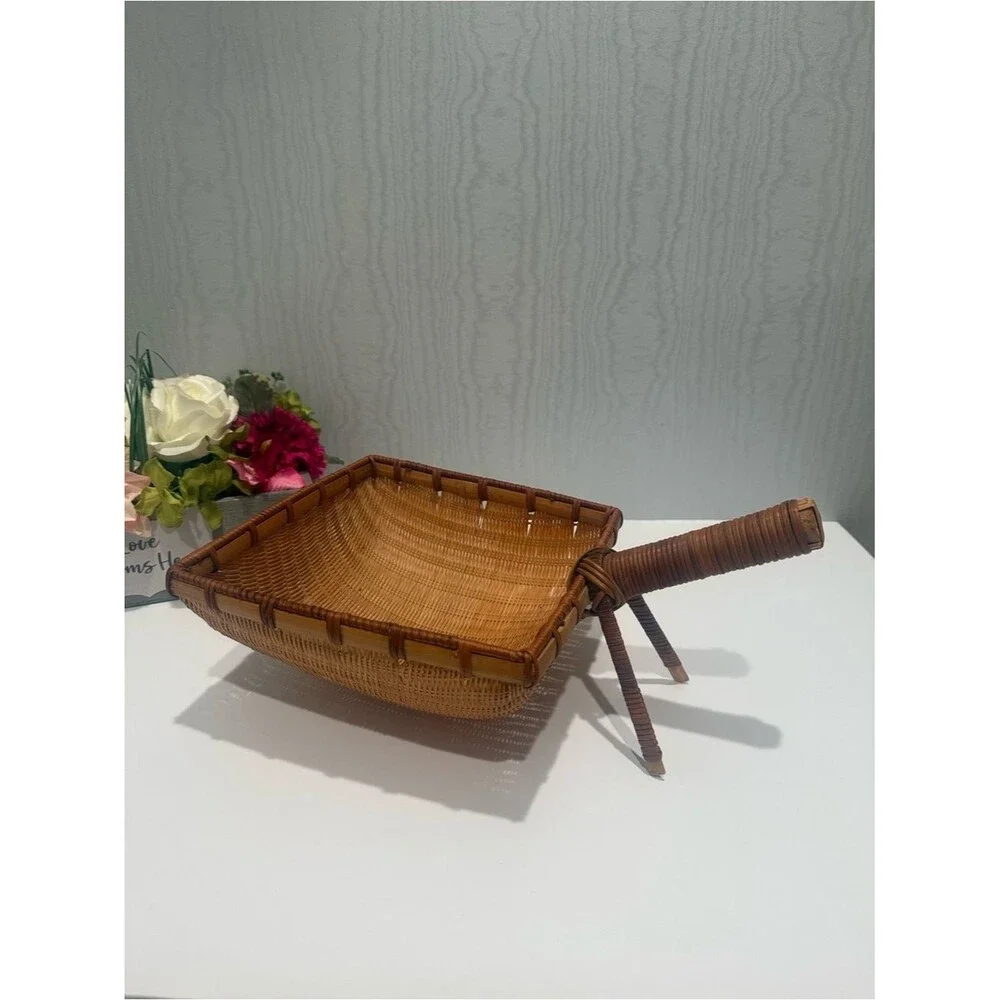 Vintage Hand Woven Square Basket Handle & Support Legs Farmhouse Cottagecore